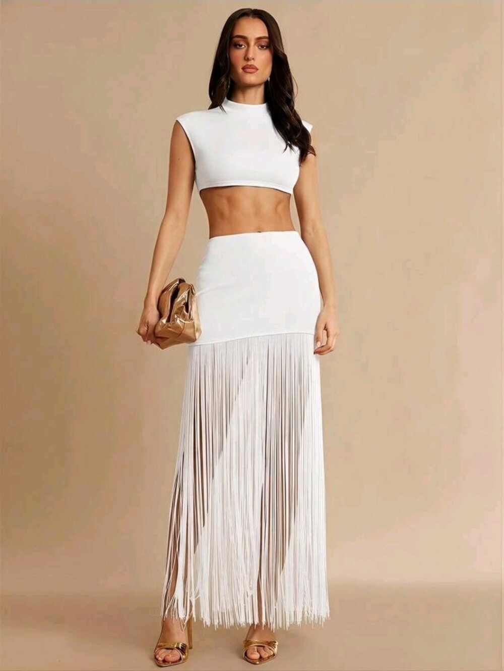 Silquee Sleeveless Turtleneck Cropped Top + Fringed Mini Skirt Set